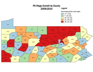 Percentage growth, total wages
-6 - 7 [14]
7 - 10 [13]
10 - 13 [13]
13 - 18 [13]
18 - 51 [14]
Legend
PA Wage Growthby County
2008-2014
 