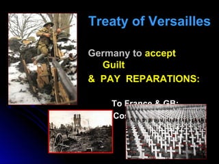Treaty of VersaillesTreaty of Versailles
Germany toGermany to acceptaccept
GuiltGuilt
& PAY REPARATIONS:& PAY REPARATIONS:...
