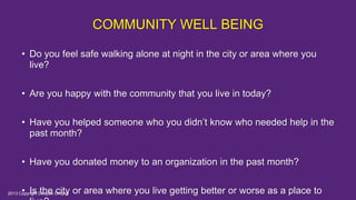 COMMUNITY WELL BEING
• Do you feel safe walking alone at night in the city or area where you
live?
• Are you happy with the community that you live in today?
• Have you helped someone who you didn’t know who needed help in the
past month?
• Have you donated money to an organization in the past month?
• Is the city or area where you live getting better or worse as a place to2013 Copyright Deepak Chopra
 