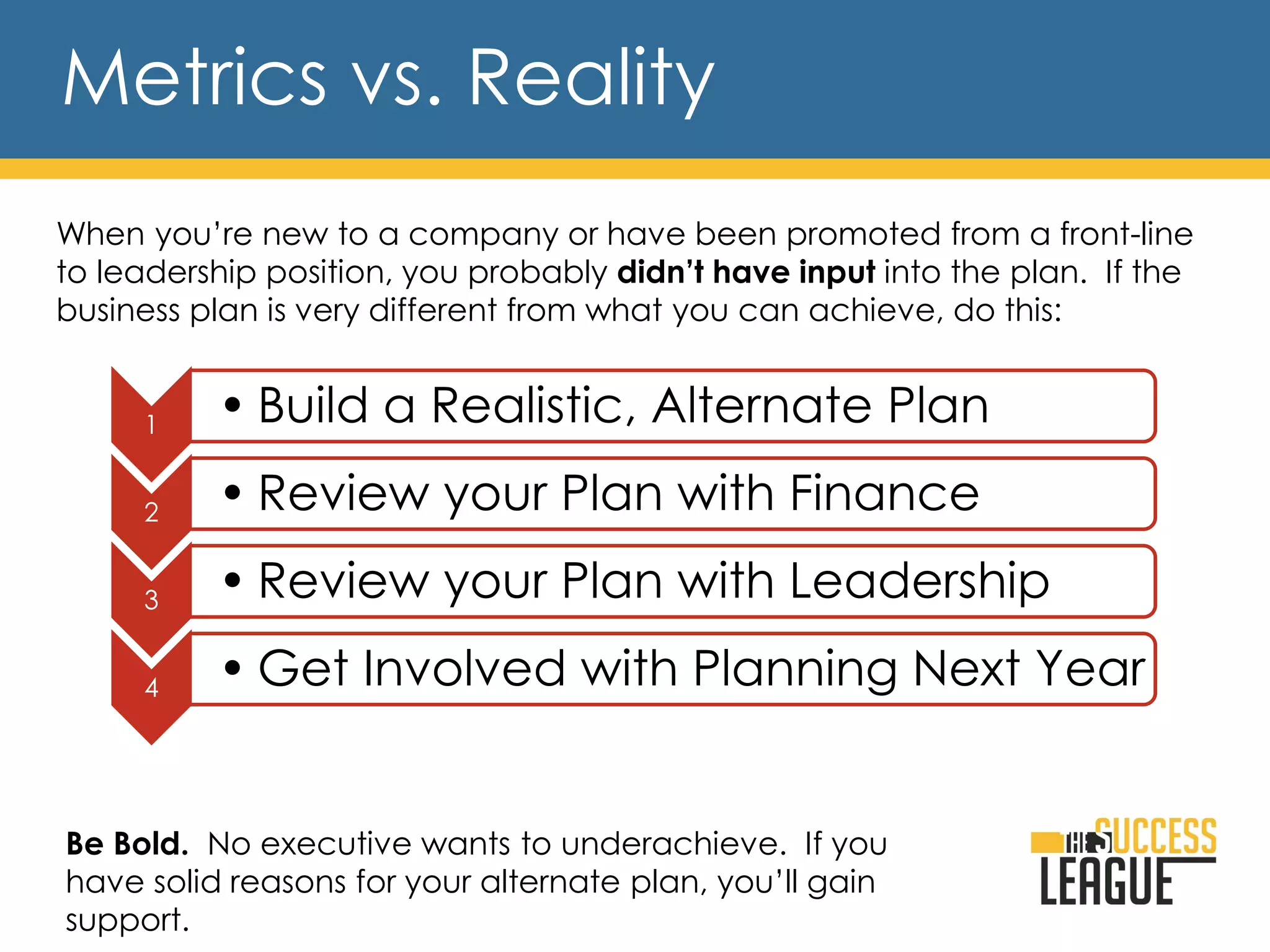 Metrics vs. Reality
1 • Build a Realistic, Alternate Plan
2 • Review your Plan with Finance
3 • Review your Plan with Leadership
4 • Get Involved with Planning Next Year
When you’re new to a company or have been promoted from a front-line
to leadership position, you probably didn’t have input into the plan. If the
business plan is very different from what you can achieve, do this:
Be Bold. No executive wants to underachieve. If you
have solid reasons for your alternate plan, you’ll gain
support.
 