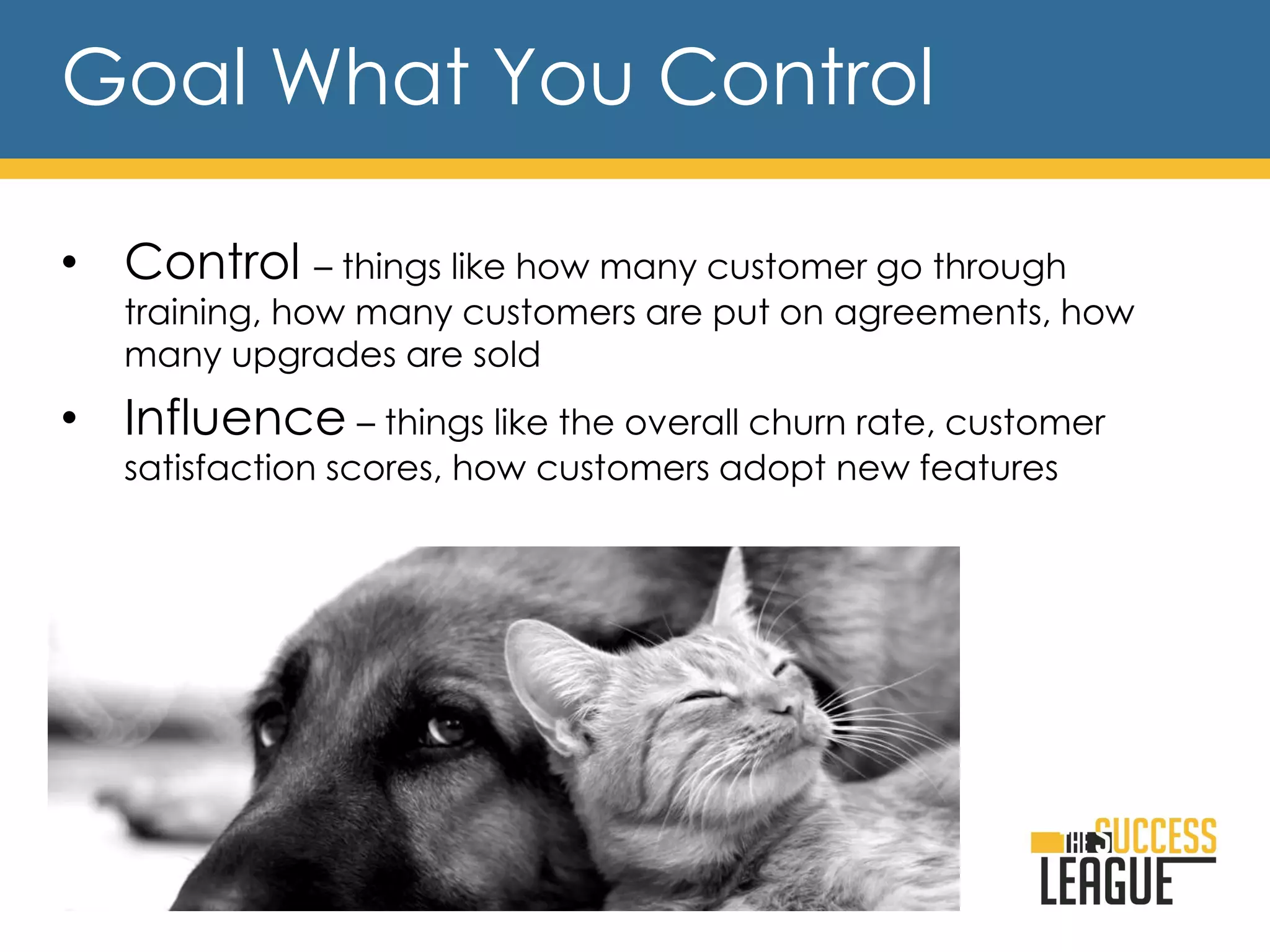 Goal What You Control
• Control – things like how many customer go through
training, how many customers are put on agreements, how
many upgrades are sold
• Influence – things like the overall churn rate, customer
satisfaction scores, how customers adopt new features
 