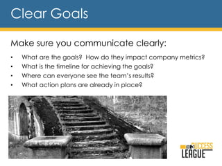 Clear Goals
Make sure you communicate clearly:
• What are the goals? How do they impact company metrics?
• What is the timeline for achieving the goals?
• Where can everyone see the team’s results?
• What action plans are already in place?
 