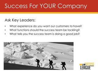 Ask Key Leaders:
• What experience do you want our customers to have?
• What functions should the success team be tackling?
• What tells you the success team is doing a good job?
Success For YOUR Company
 