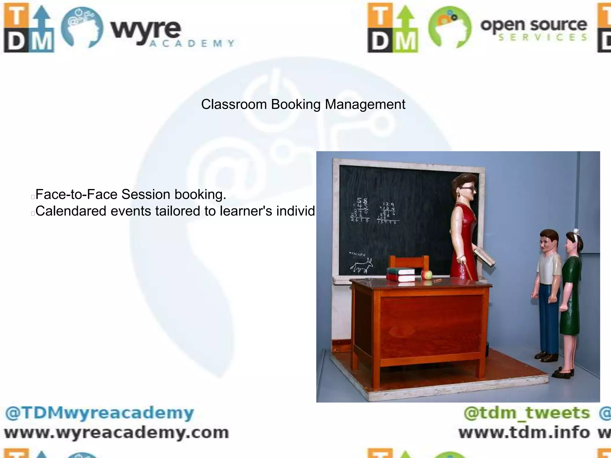 Classroom Booking Management




Face-to-Face Session booking.
Calendared events tailored to learner's individual plans
 