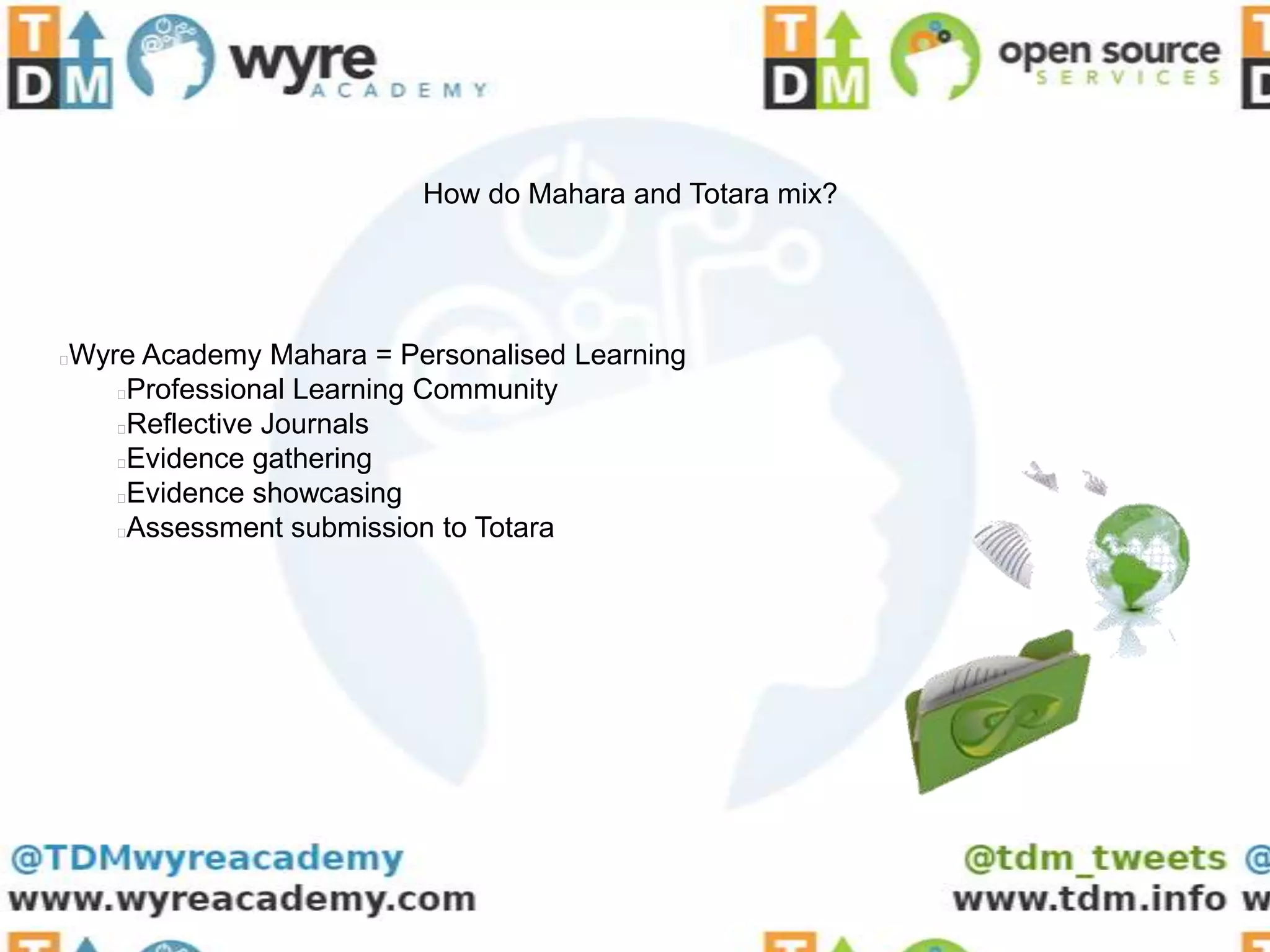 How do Mahara and Totara mix?




Wyre Academy Mahara = Personalised Learning


   Professional Learning Community
   Reflective Journals
   Evidence gathering
   Evidence showcasing
   Assessment submission to Totara
 