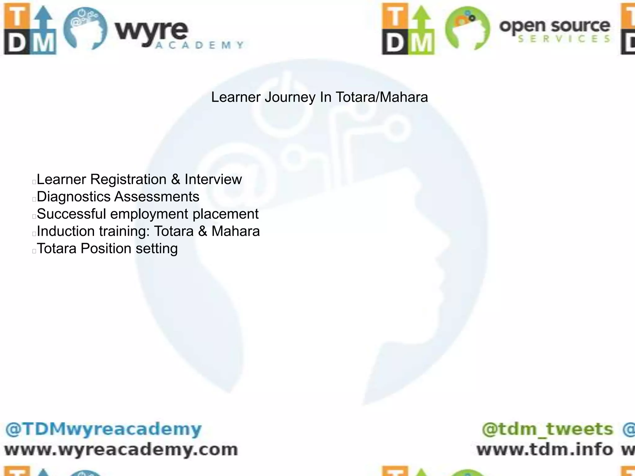 Learner Journey In Totara/Mahara




Learner Registration & Interview
Diagnostics Assessments
Successful employment placement
Induction training: Totara & Mahara
Totara Position setting
 