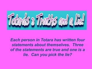Each person in Totara has written four
 statements about themselves. Three
of the statements are true and one is a
       lie. Can you pick the lie?
 