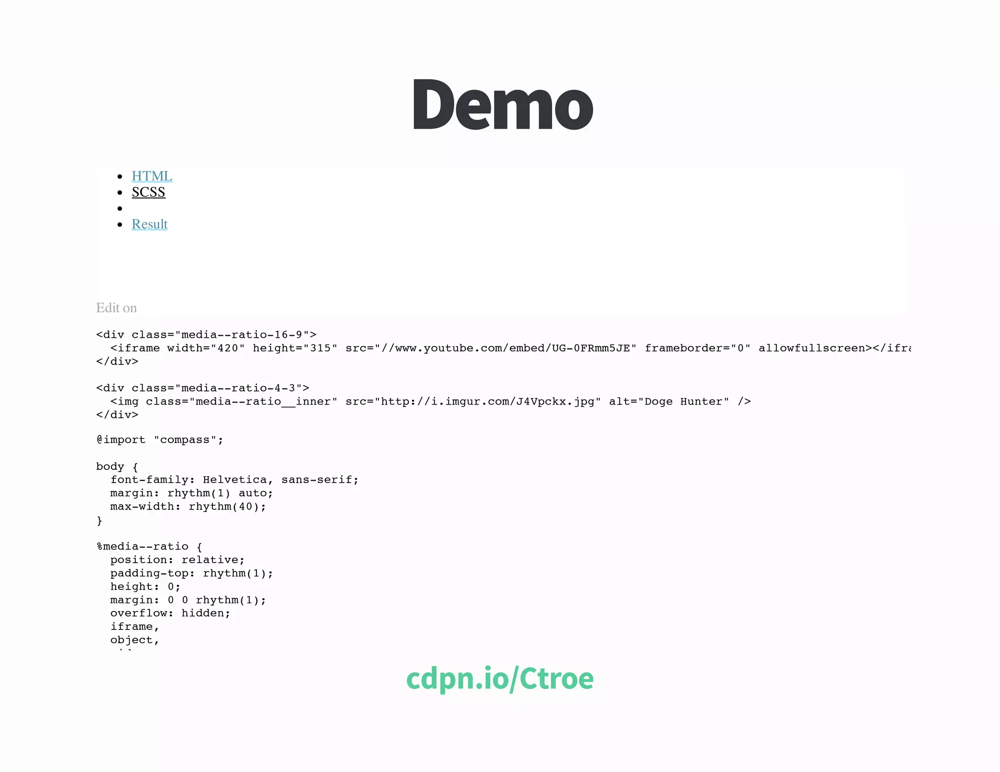 omeD
HTML
SCSS
Result

Edit on
<i cas"ei-rto1-"
dv ls=mda-ai-69>
<faewdh"2"hih=35 sc"/w.otb.o/me/G0RmJ"faeodr""alwulcen<irm
irm it=40 egt"1" r=/wwyuuecmebdU-Fm5E rmbre=0 loflsre>/fae
<dv
/i>
<i cas"ei-rto43>
dv ls=mda-ai--"
<m cas"ei-rto_ne"sc"tp/iigrcmJVcxjg at"oeHne"/
ig ls=mda-ai_inr r=ht:/.mu.o/4pk.p" l=Dg utr >
<dv
/i>
@mot"ops"
ipr cmas;
bd {
oy
fn-aiy Hleia sn-ei;
otfml: evtc, assrf
mri:ryh()at;
agn htm1 uo
mxwdh ryh(0;
a-it: htm4)
}
%ei-rto{
mda-ai
psto:rltv;
oiin eaie
pdigtp ryh()
adn-o: htm1;
hih:0
egt ;
mri:00ryh()
agn
htm1;
oefo:hde;
vrlw idn
irm,
fae
ojc,
bet
vdo
ie,

eortC oi npdc

 