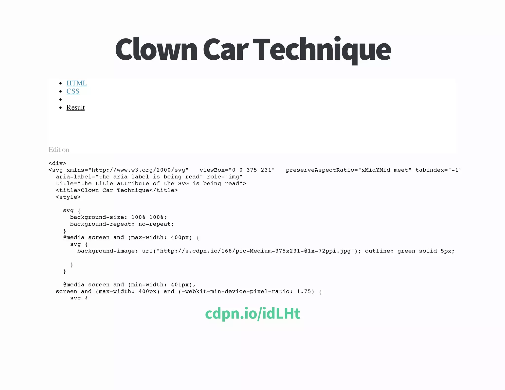 euqinhceT raC nwolC
HTML
CSS
Result

Edit on
<i>
dv
<v xls"tp/www.r/00sg
sg mn=ht:/w.3og20/v" veBx" 03521
iwo=0
7 3"
ai-ae=teai lbli bigra"rl=ig
ralbl"h ra ae s en ed oe"m"
tte"h tteatiueo teSGi bigra"
il=te il trbt f h V s en ed>
<il>lw CrTcnqe/il>
tteCon a ehiu<tte
<tl>
sye

peevApcRto"MdMdme"tbne=-"
rsresetai=xiYi et aidx"1

sg{
v
bcgon-ie 10 10;
akrudsz: 0% 0%
bcgon-eet n-eet
akrudrpa: orpa;
}
@ei sre ad(a-it:40x {
mda cen n mxwdh 0p)
sg{
v
bcgon-mg:ul"tp/scp.o18pcMdu-7x3-1-2p.p";otie gensld5x
akrudiae r(ht:/.dni/6/i-eim3521@x7pijg) uln: re oi p;
}
}
@ei sre ad(i-it:41x,
mda cen n mnwdh 0p)
sre ad(a-it:40x ad(wbi-i-eiepxlrto 17){
cen n mxwdh 0p) n -ektmndvc-ie-ai: .5
sg{
v

tHLdi oi npdc

 