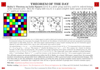 THEOREM OF THE DAY
Bailey’s Theorem on Latin Squares Let G be a ﬁnite group and let a and b be ordered listings
of the elements of G. Then the Cayley table L(a, b) is a quasi-complete Latin square if and only if
a−1 and b are terraces for G.




   Given a set of n treatments to test, an n×n Latin square is a grid in which each treatment appears exactly once in each row and column.
   In treatment testing, of a crop spray, for example, this factors out the inﬂuence of north-south and east-west geographical positioning
   (with respect to other ﬁelds, rivers etc). The Latin square constructed here is quasi-complete meaning that any two treatments appear
   adjacent to each other exactly twice, east to west, and exactly twice north to south.
   An ordered listing a = (a1 , a2 , . . . , an ) of the elements of a group G is a terrace if every set {ai , a−1 } is represented twice in the sequence
                                                                                                                     i
   a∗ = (1, a−1 a2 , a−1 a3 , . . . , a−1 an ). The inverse a−1 denotes the listing (1, a−1 , a−1 , . . . , a−1 ). For a square, let r denote its rotation
              1       2                n−1                                                         1   2        n
   through π/2 (90◦ ) and f an east-west ﬂip. The complete set of eight symmetries of the square constitutes the dihedral group, D8 , with
   terraces a = (1, r, f, r2 f, rf, r3 , r3 f, r2 ) and b = (1, f, r, r3 , rf, r2 f, r3 f, r2 ). The Cayley table, above right, multiples b (column headings)
                                                 −1
   with a−1 (row headings). Both (a−1 ) = a and b are terraces, so the theorem tells us that L(a−1 , b) is a quasi-complete Latin square.
Not all Latin squares are group multiplication tables but R.A. Bailey, in a classic 1984 paper, argued that, for reasonable
numbers of treatments, group tables were suﬃciently prevalent to oﬀer a practical source of experimental designs. She
was then able to use the machinery of group theory to bring the issue of quasi-complete Latin square construction to
a ‘quasi-complete’ resolution (her conjecture that all but a special subclass of groups have terraces remains open).
Web link: designtheory.org/library/encyc/exs/clsex.html
Further reading: Latin Squares: New Developments in the Theory and Applications by J. D´nes and A.D. Keedwell, North-Holland, 1991.
                                                                                       e

                               Theorem of the Day is maintained by Robin Whitty at www.theoremoftheday.org
 