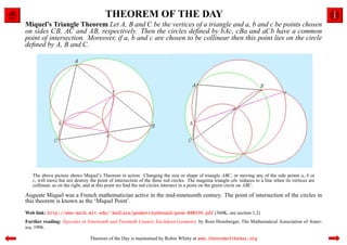 THEOREM OF THE DAY
Miquel’s Triangle Theorem Let A, B and C be the vertices of a triangle and a, b and c be points chosen
on sides CB, AC and AB, respectively. Then the circles deﬁned by bAc, cBa and aCb have a common
point of intersection. Moreover, if a, b and c are chosen to be collinear then this point lies on the circle
deﬁned by A, B and C.




   The above picture shows Miquel’s Theorem in action. Changing the size or shape of triangle ABC, or moving any of the side points a, b or
   c, will move but not destroy the point of intersection of the three red circles. The magenta triangle abc reduces to a line when its vertices are
   collinear, as on the right, and at this point we ﬁnd the red circles intersect in a point on the green circle on ABC.

Auguste Miquel was a French mathematician active in the mid-nineteenth century. The point of intersection of the circles in
this theorem is known as the ‘Miquel Point’.
Web link: http://www-math.mit.edu/˜kedlaya/geometryunbound/geom-080399.pdf (360K, see section 1.2)
Further reading: Episodes in Nineteenth and Twentieth Century Euclidean Geometry, by Ross Honsberger, The Mathematical Association of Amer-
ica, 1996.

                                Theorem of the Day is maintained by Robin Whitty at www.theoremoftheday.org
 
