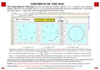 THEOREM OF THE DAY
The Three-Distance Theorem Let α be an irrational number with 0 < α < 1 and let n be a positive
integer. Then the set of lengths {iα | 0 ≤ i ≤ n}, measured around the circle of circumference 1, partitions
the circle into n + 1 intervals, whose lengths take at most three values.




                           α = e/π, n = 5                       α = e/π, n = 9                            α = e/π, n = 46
  Amazingly, it is unknown whether the ratio α = e/π (≈ 45/52) is irrational. If it is, then this value of α must obey the Three-Distance Theorem,
  and this is investigated here using a standard spreadsheet package (in this case Calc by OpenOﬃce). Starting with point x = 1/2π, y = 0, in cells
                                                         cos β sin β
  H3, I3, we multiply repeatedly by the matrix r =                     , β = 2e, which rotates (x, y) by β radians, anticlockwise around a circle of
                                                        − sin β cos β
  radius r = 1/2π, circumference 1, centred on the origin. The arc-length subtended by angle β is rβ = 2e/2π = α, so this gives us the partition of
  the unit circle speciﬁed by the theorem. The evidence above does not, so far as it goes, disprove the irrationality of e/π.
Also known as the ‘Three-Gap Theorem’, this belongs to the ﬁeld of Diophantine approximation. It was conjectured by the
Polish mathematician Hugo Steinhaus (1887–1972) and proved in 1957 by Vera S´ s (pronounced ‘show-sh’).
                                                                             o
Web link: www.theoremoftheday.org/Docs/3dAlessandriBerthe.pdf (ﬁne survey by Pascal Alessandri and Val´ rie Berth´ ; see section 3).
                                                                                                      e          e
Further reading: An Invitation to Modern Number Theory by S. J. Miller and R. Takloo-Bighash, Princeton University Press, 2006.
                               Theorem of the Day is maintained by Robin Whitty at www.theoremoftheday.org
 