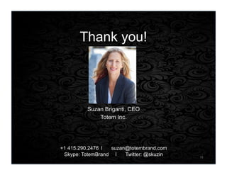 Suzan Briganti, CEO
Totem Inc.
+1 415.290.2476 I suzan@totembrand.com
Skype: TotemBrand I Twitter: @skuzin 31	
  
Thank you!
 