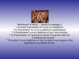 Maintenant le reste ...  envoie ce message à * au moins 5 personnes et ta vie va s'améliorer * 0-4 personnes: ta vie va s'améliorer sensiblement * 5-9 personnes: ta vie s'améliore et suit tes attentes * 9-14 personnes: tu recevras au moins 5 surprises dans les   3 semaines qui suivent * 15 ou plus: ta vie s'améliore et tout ce dont tu as toujours rêvé commencera à prendre forme.   
