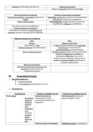 Ζλεγχοσ αποτελεςμάτων ερευνϊν του Ανκρωπιςτικι παιδεία
΢τόχοσ το κοινωνικό και όχι το ατομικό καλό
Αίτια παρεκτροπισ επιςτιμονα ΢υνζπειεσ παρεκτροπισ επιςτιμονα
Προςωπικζσ φιλοδοξίεσ, ματαιοδοξία, αγάπθ για το
κζρδοσ
Για τον ίδιο: απϊλεια δθμιουργικότθτασ και φανταςίασ,
αλλοτρίωςθ ςτο βωμό των ςυμφερόντων
Ζλλειψθ θκικϊν αρχϊν Για τθν κοινωνία: απειλι παγκόςμιασ ειρινθσ και
περιβάλλοντοσ, απαξίωςθ του ανκρϊπου
Εξυπθρζτθςθ πολιτικϊν ςυμφερόντων
(πολιτικι ςτράτευςθ επιςτιμονα)
Τποςτιριξθ του δόγματοσ «θ επιςτιμθ για τθν
επιςτιμθ» και όχι θ «επιςτιμθ για τον άνκρωπο»
 Ψθφιακά παιχνίδια και εκπαίδευςθ
Κατά Τπζρ
Εκιςμόσ Εκιςμόσ ςε κάτι καλό
Εξοικείωςθ με τθ βία Σα βίαια ψθφιακά παιχνίδια είναι μειοψθφία
Διάςπαςθ προςοχισ και ςυγκζντρωςθσ ΢υγκζντρωςθ ςε ζναν ςτόχο και
επαναπροςπάκεια μετά από αποτυχία
Μείωςθ παραγωγικότθτασ Εκπαιδευτικό μζςο, κακϊσ μπορεί να αποτελζςει
κίνθτρο και αφόρμθςθ για μάκθςθ, να
καλλιεργιςει δεξιότθτεσ, όπωσ είναι θ
ομαδικότθτα και θ ανάλθψθ ευκφνθσ, και να
μειϊςει τθ ςχολικι διαρροι (gamification in
education, edutainment)
Νόςοσ των ςυχνοτιτων
Oversold and underused computers in the
classroom (υπερεκτιμθμζνα και
υποχρθςιμοποιθμζνα)
10. Ευρωπαϊκι ζνωςθ:
 Αίτια δθμιουργίασ τθσ:
 θ ιςχφσ εν τθ ενϊςει
 ωσ αντιςτάκμιςμα ςτθν δφναμθ των Η.Π.Α.
 Σαυτότθτα Ε.Ε.:
Σαυτότθτα Ε.Ε. ΢τοιχεία που βοθκοφν τθν Ε.Ε. ΢τοιχεία που εμποδίηουν τθν Ε.Ε.
Κοινζσ αρχζσ:
- δθμοκρατία
- κοινωνικι
αςφάλιςθ
- ποιότθτα
ηωισ
- περιβαλλον
τικζσ
ανθςυχίεσ
- αποφυγι
χριςθσ
όπλων και
βίασ
Διεφρυνςθ μελϊν τθσ:
περιςςότερεσ απόψεισ,
ςυνολικότερθ κεϊρθςθ των
πραγμάτων
Οικονομικι κρίςθ: διεφρυνςθ
χάςματοσ Βορρά – Νότου
Διεκνείσ εντάςεισ και διαφορζσ Αποξζνωςθ θγετϊν: αντιπαλότθτα,
 
