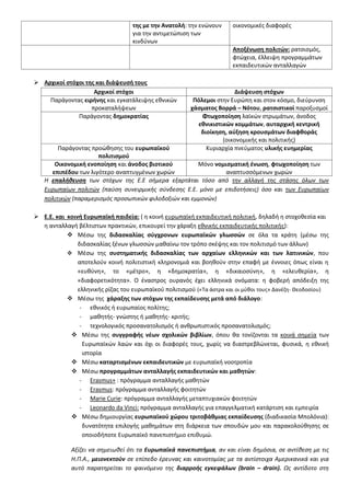 τθσ με τθν Ανατολι: τθν ενϊνουν
για τθν αντιμετϊπιςθ των
κινδφνων
οικονομικζσ διαφορζσ
Αποξζνωςθ πολιτϊν: ρατςιςμόσ,
φτϊχεια, ζλλειψθ προγραμμάτων
εκπαιδευτικϊν ανταλλαγϊν
 Αρχικοί ςτόχοι τθσ και διάψευςι τουσ
Αρχικοί ςτόχοι Διάψευςθ ςτόχων
Παράγοντασ ειρινθσ και εγκατάλειψθσ εκνικϊν
προκαταλιψεων
Πόλεμοι ςτθν Ευρϊπθ και ςτον κόςμο, διεφρυνςθ
χάςματοσ Βορρά – Νότου, ρατςιςτικοί παροξυςμοί
Παράγοντασ δθμοκρατίασ Φτωχοποίθςθ λαϊκϊν ςτρωμάτων, άνοδοσ
εκνικιςτικϊν κομμάτων, αυταρχικι κεντρικι
διοίκθςθ, αφξθςθ κρουςμάτων διαφκοράσ
(οικονομικισ και πολιτικισ)
Παράγοντασ προϊκθςθσ του ευρωπαϊκοφ
πολιτιςμοφ
Κυριαρχία πνεφματοσ υλικισ ευθμερίασ
Οικονομικι ενοποίθςθ και άνοδοσ βιοτικοφ
επιπζδου των λιγότερο αναπτυγμζνων χωρϊν
Μόνο νομιςματικι ζνωςθ, φτωχοποίθςθ των
αναπτυςςόμενων χωρϊν
Η επαλήθευςη των ςτόχων τθσ Ε.Ε ςιμερα εξαρτάται τόςο από τθν αλλαγι τθσ ςτάςθσ όλων των
Ευρωπαίων πολιτϊν (παφςθ ςυνειρμικισ ςφνδεςθσ Ε.Ε. μόνο με επιδοτιςεισ) όςο και των Ευρωπαίων
πολιτικϊν (παραμεριςμόσ προςωπικϊν φιλοδοξιϊν και εμμονϊν)
 Ε.Ε. και κοινι Ευρωπαϊκι παιδεία: ( θ κοινι ευρωπαϊκι εκπαιδευτικι πολιτικι, δθλαδι θ ςτοχοκεςία και
θ ανταλλαγι βζλτιςτων πρακτικϊν, επικουρεί τθν χάραξθ εκνικισ εκπαιδευτικισ πολιτικισ):
 Μζςω τθσ διδαςκαλίασ ςφγχρονων ευρωπαϊκϊν γλωςςϊν ςε όλα τα κράτθ (μζςω τθσ
διδαςκαλίασ ξζνων γλωςςϊν μακαίνω τον τρόπο ςκζψθσ και τον πολιτιςμό των άλλων)
 Μζςω τθσ ςυςτθματικισ διδαςκαλίασ των αρχαίων ελλθνικϊν και των λατινικϊν, που
αποτελοφν κοινι πολιτιςτικι κλθρονομιά και βοθκοφν ςτθν επαφι με ζννοιεσ όπωσ είναι θ
«ευκφνθ», το «μζτρο», θ «δθμοκρατία», θ «δικαιοςφνθ», θ «ελευκερία», θ
«διαφορετικότθτα». Ο ζναςτροσ ουρανόσ ζχει ελλθνικά ονόματα: θ φοβερι απόδειξθ τθσ
ελλθνικισ ρίηασ του ευρωπαϊκοφ πολιτιςμοφ («Σα άςτρα και οι μφκοι τουσ» Δανζηθ- Θεοδοςίου)
 Μζςω τθσ χάραξθσ των ςτόχων τθσ εκπαίδευςθσ μετά από διάλογο:
- εκνικόσ ι ευρωπαίοσ πολίτθσ;
- μακθτισ- γνϊςτθσ ι μακθτισ- κριτισ;
- τεχνολογικόσ προςανατολιςμόσ ι ανκρωπιςτικόσ προςανατολιςμόσ;
 Μζςω τθσ ςυγγραφισ νζων ςχολικϊν βιβλίων, όπου κα τονίηονται τα κοινά ςθμεία των
Ευρωπαϊκϊν λαϊν και όχι οι διαφορζσ τουσ, χωρίσ να διαςτρεβλϊνεται, φυςικά, θ εκνικι
ιςτορία
 Μζςω καταρτιςμζνων εκπαιδευτικϊν με ευρωπαϊκι νοοτροπία
 Μζςω προγραμμάτων ανταλλαγισ εκπαιδευτικϊν και μακθτϊν:
- Εrasmus+ : πρόγραμμα ανταλλαγισ μακθτϊν
- Erasmus: πρόγραμμα ανταλλαγισ φοιτθτϊν
- Marie Curie: πρόγραμμα ανταλλαγισ μεταπτυχιακϊν φοιτθτϊν
- Leonardo da Vinci: πρόγραμμα ανταλλαγισ για επαγγελματικι κατάρτιςθ και εμπειρία
 Μζςω δθμιουργίασ ευρωπαϊκοφ χϊρου τριτοβάκμιασ εκπαίδευςθσ (διαδικαςία Μπολόνια):
δυνατότθτα επιλογισ μακθμάτων ςτθ διάρκεια των ςπουδϊν μου και παρακολοφκθςθσ ςε
οποιοδιποτε Ευρωπαϊκό πανεπιςτιμιο επικυμϊ.
Αξίηει να ςθμειωκεί ότι τα Ευρωπαϊκά πανεπιςτήμια, αν και είναι δθμόςια, ςε αντίκεςθ με τισ
Η.Π.Α., μειονεκτοφν ςε επίπεδο ζρευνασ και καινοτομίασ με τα αντίςτοιχα Αμερικανικά και για
αυτό παρατθρείται το φαινόμενο τθσ διαρροήσ εγκεφάλων (brain – drain). Ωσ αντίδοτο ςτθ
 