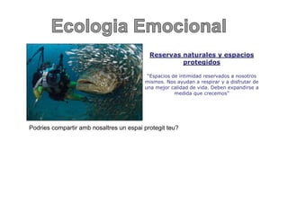 Reservas naturales y espacios
                                                    protegidos

                                          “Espacios de intimidad reservados a nosotros
                                             p
                                         mismos. Nos ayudan a respirar y a disfrutar de
                                         una mejor calidad de vida. Deben expandirse a
                                                     medida que crecemos”




Podries compartir amb nosaltres un espai protegit teu?
 