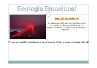 Energía Emocional
                                        “Es el combustible que nos ayuda a vivir.
                                          Lo conforman la auto-motivación, la,
                                       alegría, el amor, la curiosidad, el deseo, la
                                                        ternura…”




En
E que he i
      h invertit ( i i l
             tit (principalment) al ll
                              t) l llarg d’
                                         d’aquests 15 di l meva energia emocional?
                                                t     dies la        i      i   l?
 
