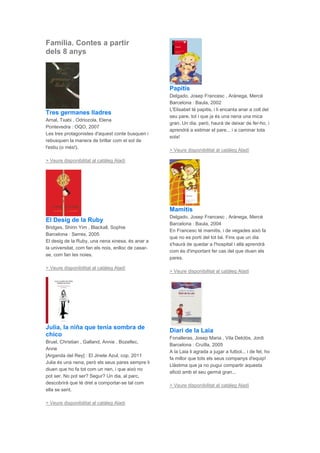 Família. Contes a partir
dels 8 anys
Tres germanes lladres
Arnal, Txabi , Odriozola, Elena
Pontevedra : OQO, 2007
Les tres protagonistes d'aquest conte busquen i
rebusquen la manera de brillar com el sol de
l'estiu (o més!).
> Veure disponibilitat al catàleg Aladí
El Desig de la Ruby
Bridges, Shirin Yim , Blackall, Sophie
Barcelona : Serres, 2005
El desig de la Ruby, una nena xinesa, és anar a
la universitat, com fan els nois, enlloc de casar-
se, com fan les noies.
> Veure disponibilitat al catàleg Aladí
Julia, la niña que tenía sombra de
chico
Bruel, Christian , Galland, Annie , Bozellec,
Anne
[Arganda del Rey] : El Jinete Azul, cop. 2011
Julia és una nena, però els seus pares sempre li
diuen que ho fa tot com un nen, i que això no
pot ser. No pot ser? Segur? Un dia, al parc,
descobrirà que té dret a comportar-se tal com
ella se sent.
> Veure disponibilitat al catàleg Aladí
Papitis
Delgado, Josep Francesc , Arànega, Mercè
Barcelona : Baula, 2002
L'Elisabet té papitis, i li encanta anar a coll del
seu pare, tot i que ja és una nena una mica
gran. Un dia, però, haurà de deixar de fer-ho, i
aprendrà a estimar el pare... i a caminar tota
sola!
> Veure disponibilitat al catàleg Aladí
Mamitis
Delgado, Josep Francesc , Arànega, Mercè
Barcelona : Baula, 2004
En Francesc té mamitis, i de vegades això fa
que no es porti del tot bé. Fins que un dia
s'haurà de quedar a l'hospital i allà aprendrà
com és d'important fer cas del que diuen els
pares.
> Veure disponibilitat al catàleg Aladí
Diari de la Laia
Fonalleras, Josep Maria , Vila Delclòs, Jordi
Barcelona : Cruïlla, 2005
A la Laia li agrada a jugar a futbol... i de fet, ho
fa millor que tots els seus companys d'equip!
Llàstima que ja no pugui compartir aquesta
afició amb el seu germà gran...
> Veure disponibilitat al catàleg Aladí
 