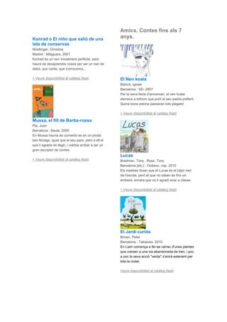 Konrad o El niño que salió de una
lata de conservas
Nöstlinger, Christine
Madrid : Alfaguara, 2001
Konrad és un nen inicialment perfecte, però
haurà de desaprendre coses per ser un nen de
debò, que canta, que s'emociona...
> Veure disponibilitat al catàleg Aladí
Mussa, el fill de Barba-rossa
Pla, Joan
Barcelona : Baula, 2005
En Mussa hauria de convertir-se en un pirata
ben ferotge, igual que el seu pare, però a ell el
que li agrada és llegir, i voldria arribar a ser un
gran escriptor de contes.
> Veure disponibilitat al catàleg Aladí
Amics. Contes fins als 7
anys.
El Nen koala
Blanch, Ignasi
Barcelona : SD, 2007
Per la seva festa d'aniversari, el nen koala
demana a tothom que porti el seu pastís preferit.
Quina bona estona passaran tots plegats!
> Veure disponibilitat al catàleg Aladí
Lucas
Bradman, Tony , Ross, Tony
Barcelona [etc.] : Océano, cop. 2010
Els mestres diuen que el Lucas és el pitjor nen
de l'escola, però el que no saben és fins on
arribarà, encara que no li agradi anar a classe.
> Veure disponibilitat al catàleg Aladí
El Jardí curiós
Brown, Peter
Barcelona : Takatuka, 2010
En Liam comença a fer-se càrrec d'unes plantes
que creixen a una via abandonada de tren, i poc
a poc la seva acció "verda" s'anirà estenent per
tota la ciutat.
Veure disponibilitat al catàleg Aladí
 