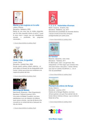 Marita y las mujeres en la calle
Juliano, Dolores
Barcelona : Bellaterra, 2004
Marita és una nena que fa moltes preguntes:
què fan totes aquestes dones al carrer? I quan
la seva mare li respon que són treballadores
sexuals, o prostitutes, les preguntes
s'acumulen...
> Veure disponibilitat al catàleg Aladí
Noies i nois, la igualtat
Louart, Carina
Barcelona : Estrella Polar, 2009
Escola, esport, política, treball, violència... un
amè repàs a la situació de les desigualtats entre
homes i dones que encara avui existeixen a la
majoria de països del món.
> Veure disponibilitat al catàleg Aladí
Benvolguda Malala
MacCarney, Rosemary , Plan (Organització)
Barcelona : Editorial Juventud, 2014
Una carta a la Malala Yousafzai, una nena
pakistanesa a qui van disparar uns talibans
quan anava a escola, i que des de llavors s'ha
convertit en un símbol del dret a l'educació de
tots els infants
> Veure disponibilitat al catàleg Aladí
1, 2, 3, 4... historietes diverses
Martin, Susanna , Scratchs, Nac
Barcelona : Bellaterra, cop. 2011
Descobreix les possibilitats de diversitat afectiva
i sexual a través de les tires còmiques
protagonitzades per quatre joves.
> Veure disponibilitat al catàleg Aladí
En família!
Maxeiner, Alexandra , Kuhl, Anke
Barcelona : Takatuka, 2011
En Biel té pare, mare i una germana. Res
extraordinari, oi? Però segur que coneixes nens
amb dues mares o dos pares, o nenes orfenes
que viuen en centres d'acolliment, o... tot un
món de possibilitats!
> Veure disponibilitat al catàleg Aladí
Plantant els arbres de Kenya
Nivola, Claire A.
Barcelona : Joventut, 2012
Història de la Wangari Maathai, una dona
africana gràcies a la qual s'han plantat més de
trenta milions d'arbres a Kenya, i que va rebre el
Nobel de la Pau
> Veure disponibilitat al catàleg Aladí
Una Rosa negra
 