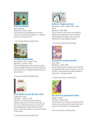 Tots uns homes
Olten, Manuela
[Barcelona] : Serres, 2005
Les nenes són unes bledes! Són tan toves!
Tenen por de tot! Però nosaltres no... nosaltres
som tots uns homes! O no?
> Veure disponibilitat al catàleg Aladí
La Nena dels pardals
Pennypacker, Sara , Tanaka, Yoko
Barcelona : Joventut, 2010
Quan els habitants de la Xina entren en guerra
amb els pardals. Només una nena se n'adora de
l'error que suposa, i acabarà convertint-se en la
seva heroïna
> Veure disponibilitat al catàleg Aladí
Avui dormo a casa del meu amic
Pomés Leiz, Juliet
Barcelona : Tusquets, 2007
Aquest és un més dels contes que forma
aquesta col·lecció on el Simó, la seva mare, el
seu pare, l'amiga del seu pare, els cosins, els
tiets protagonitzen contes sobre el món del
Simó, un nen d'avui en dia, i tot el que fa i desfà
al seu voltant.
> Veure disponibilitat al catàleg Aladí
Amb en Tango som tres
Richardson, Justin , Parnell, Peter , Cole,
Henry
Barcelona : RBA, 2006
Al zoo de Nova York hi viuen una parella de
pingüins que s'assemblen en tot a totes les
altres parelles de pingüins, amb una única
diferència: són dos pingüins mascles.
> Veure disponibilitat al catàleg Aladí
La Clara té una gran família
Rius, Roser
Barcelona : Cruïlla, 2005
Qua la Clara es posa a dibuixar la seva família...
necessita tres fulls! La mare, el pare, el marit de
la mare, la dona del pare, els fills i les filles de
tots quatre... Una gran família!
> Veure disponibilitat al catàleg Aladí
La Laura i la panxa de la mare
Slegers, Liesbet
Barcelona : Baula, 2004
L'arribada d'un nou membre a la família sempre
és tota una aventura pels més petits de la casa:
què serà, un germanet o una germaneta?
Veure disponibilitat al catàleg Aladí
 