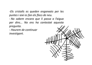 -Els cristalls es queden enganxats per les
puntes i així es fan els flocs de neu.
- No sabem encara que li passa a l’aigua
per dins... No ens ha contestat aquesta
pregunta.
- Haurem de continuar
investigant.
 