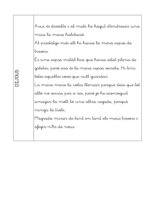 DIJOUS
Avui és dissabte i al matí he hagut d’endreçar una
mica la meva habitació.
Al prestatge més alt hi havia la meva capsa de
tresors.
És una capsa metàl·lica que havia estat plena de
galetes, però ara és la meva capsa secreta. Hi tinc
totes aquelles coses que vull guardar.
La meva mare la volia llençar perquè deia que tot
allò no servia per a res, però jo he aconseguit
amagar-la molt bé una altra vegada, perquè
ningú la trobi.
M’agrada mirar de tant en tant els meus tresors i
afegir-n’hi de nous.
 