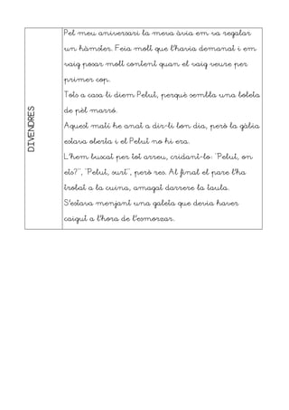 DIVENDRES Pel meu aniversari la meva àvia em va regalar
un hàmster. Feia molt que l’havia demanat i em
vaig posar molt content quan el vaig veure per
primer cop.
Tots a casa li diem Pelut, perquè sembla una boleta
de pèl marró.
Aquest matí he anat a dir-li bon dia, però la gàbia
estava oberta i el Pelut no hi era.
L’hem buscat per tot arreu, cridant-lo: “Pelut, on
ets?”, “Pelut, surt”, però res. Al final el pare l’ha
trobat a la cuina, amagat darrere la taula.
S’estava menjant una galeta que devia haver
caigut a l’hora de l’esmorzar.
 