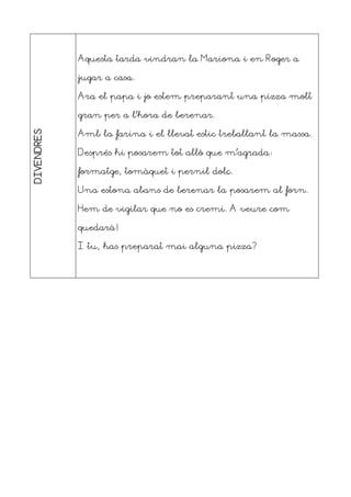 DIVENDRES
Aquesta tarda vindran la Mariona i en Roger a
jugar a casa.
Ara el papa i jo estem preparant una pizza molt
gran per a l’hora de berenar.
Amb la farina i el llevat estic treballant la massa.
Després hi posarem tot allò que m’agrada:
formatge, tomàquet i pernil dolç.
Una estona abans de berenar la posarem al forn.
Hem de vigilar que no es cremi. A veure com
quedarà!
I tu, has preparat mai alguna pizza?
 