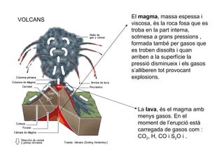 VOLCANS El  magma , massa espessa i viscosa, és la roca fosa que es troba en la part interna, sotmesa a grans pressions , formada també per gasos que es troben dissolts i quan arriben a la superfície la pressió disminueix i els gasos s’alliberen tot provocant explosions.  La  lava , és el magma amb menys gasos. En el moment de l’erupció està carregada de gasos com : CO 2 , H, CO i S 2 O i . 