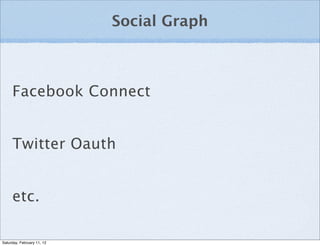 Social Graph



     Facebook Connect


     Twitter Oauth


     etc.

Saturday, February 11, 12
 