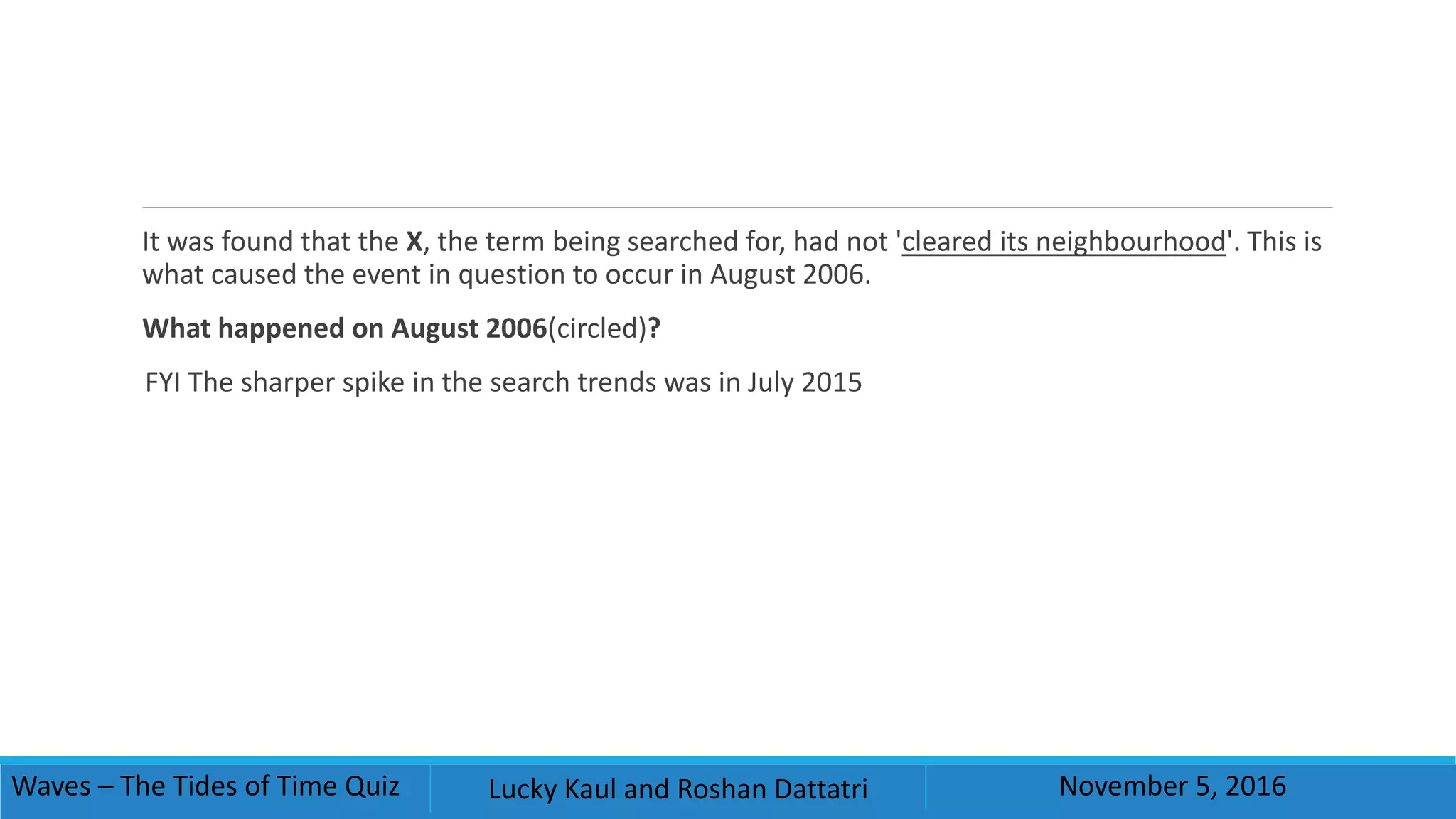 It was found that the X, the term being searched for, had not 'cleared its neighbourhood'. This is
what caused the event in question to occur in August 2006.
What happened on August 2006(circled)?
FYI The sharper spike in the search trends was in July 2015
Waves – The Tides of Time Quiz Lucky Kaul and Roshan Dattatri November 5, 2016
 