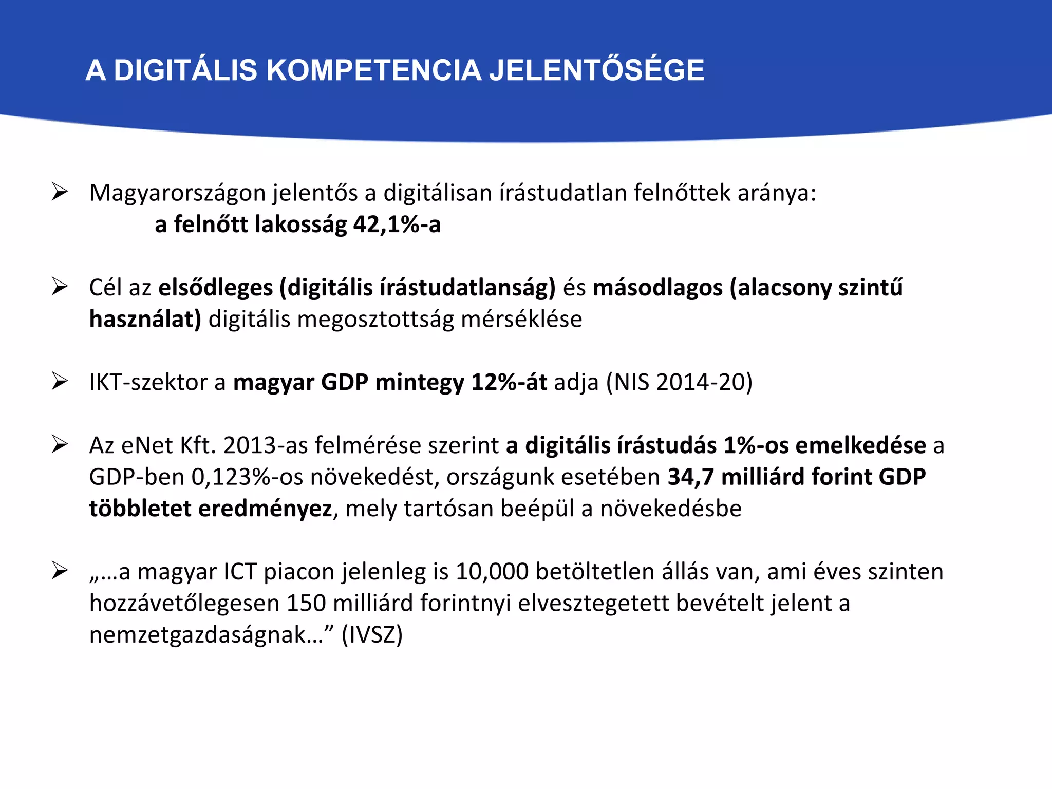 A DIGITÁLIS KOMPETENCIA JELENTŐSÉGE 
 Magyarországon jelentős a digitálisan írástudatlan felnőttek aránya: 
a felnőtt lakosság 42,1%-a 
 Cél az elsődleges (digitális írástudatlanság) és másodlagos (alacsony szintű 
használat) digitális megosztottság mérséklése 
 IKT-szektor a magyar GDP mintegy 12%-át adja (NIS 2014-20) 
 Az eNet Kft. 2013-as felmérése szerint a digitális írástudás 1%-os emelkedése a 
GDP-ben 0,123%-os növekedést, országunk esetében 34,7 milliárd forint GDP 
többletet eredményez, mely tartósan beépül a növekedésbe 
 „…a magyar ICT piacon jelenleg is 10,000 betöltetlen állás van, ami éves szinten 
hozzávetőlegesen 150 milliárd forintnyi elvesztegetett bevételt jelent a 
nemzetgazdaságnak…” (IVSZ) 
 