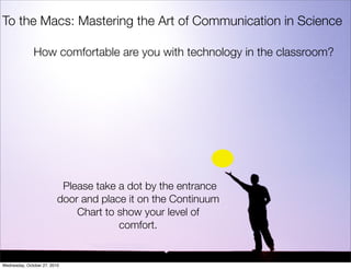 To the Macs: Mastering the Art of Communication in Science
Please take a dot by the entrance
door and place it on the Continuum
Chart to show your level of
comfort.
How comfortable are you with technology in the classroom?
Wednesday, October 27, 2010
 
