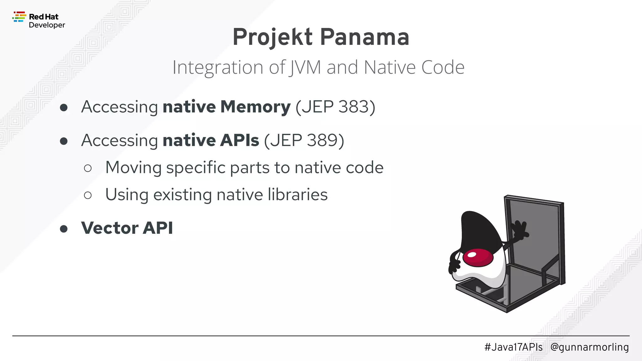 #Java17APIs @gunnarmorling ● Accessing native Memory (JEP 383) ● Accessing native APIs (JEP 389) ○ Moving specific parts to native code ○ Using existing native libraries ● Vector API Projekt Panama Integration of JVM and Native Code 