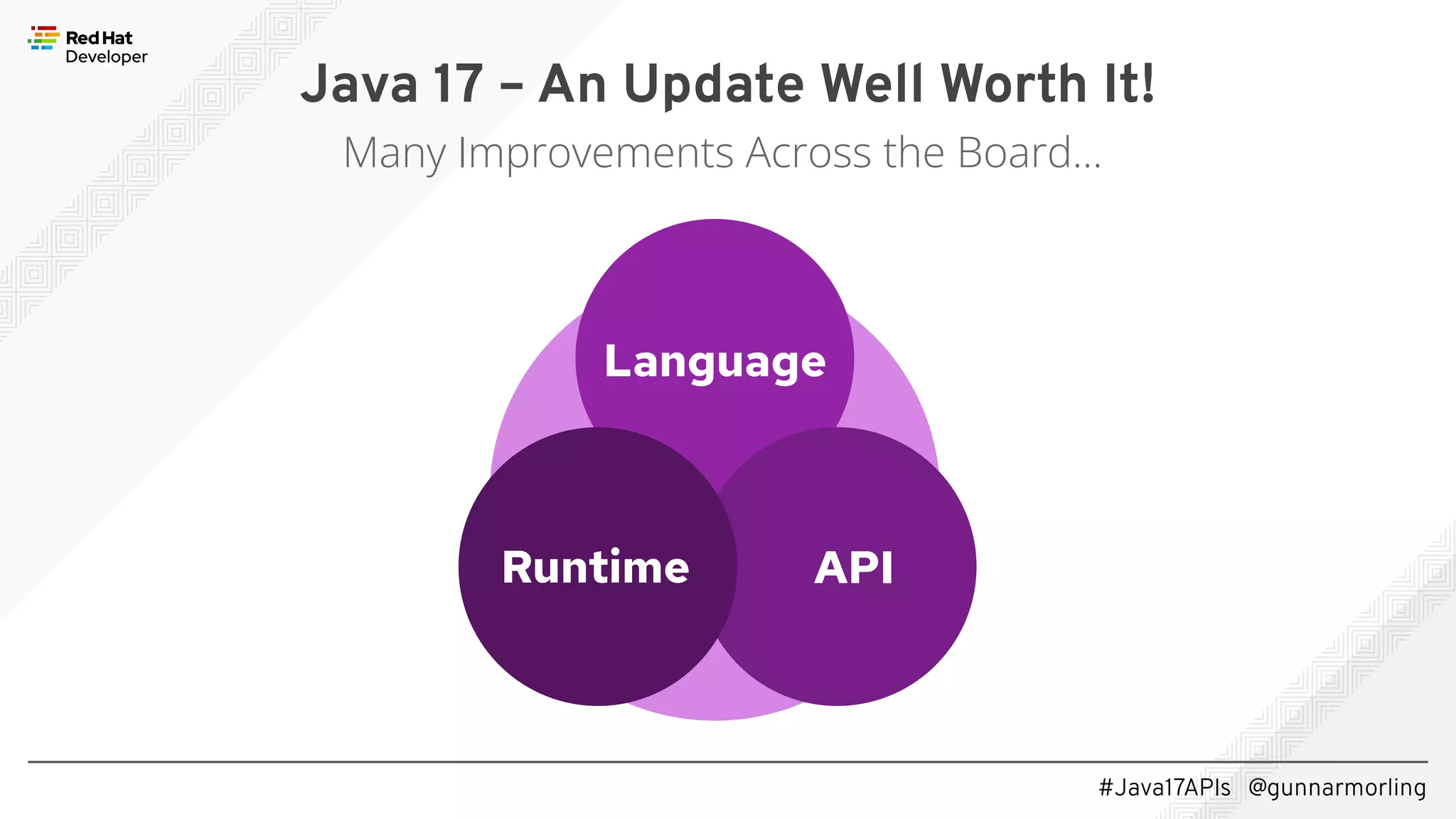#Java17APIs @gunnarmorling Java 17 – An Update Well Worth It! Many Improvements Across the Board... Language API Runtime 