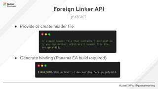 #Java17APIs @gunnarmorling
● Provide or create header file
● Generate binding (Panama EA build required)
Foreign Linker API
jextract
 