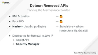 #Java17APIs @gunnarmorling
● RMI Activation
● Pack 200
● Nashorn JavaScript-Engine
● Deprecated for Removal in Java 17
○ Applet API
○ Security Manager
Detour: Removed APIs
Tackling the Maintenance Burden
→ 🤷
→ 🤷
→ Standalone Nashorn
(since Java 15), GraalJS
 