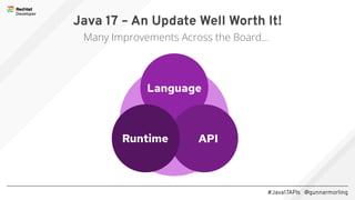 #Java17APIs @gunnarmorling
Java 17 – An Update Well Worth It!
Many Improvements Across the Board...
Language
API
Runtime
 