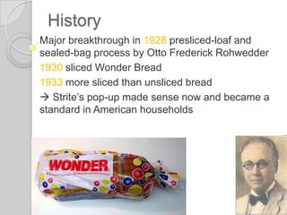 HistoryProblem: burnt toastByincorporatingsprings and a variable timer: pop-up toaster onMay 29, 1919 by Charles StritePatentedonOctober 18, 1921Manufactured and sold to the Childs restaurant chainRedesign in 1926:  “the Toastmaster” available to the public