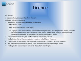 Licence
You are free:
to copy, distribute, display, and perform the work
Under the following conditions:
• Attribution. You must give the original author credit.
Attribute this work:
What does "Attribute this work" mean?
The page you came from contained embedded licensing metadata, including how the creator wishes to
be attributed for re-use. You can use the HTML here to cite the work. Doing so will also include
metadata on your page so that others can find the original work as well.
• Non-Commercial. You may not use this work for commercial purposes.
• No Derivative Works. You may not alter, transform, or build upon this work.
 For any reuse or distribution, you must make clear to others the licence terms of this work.
 Any of these conditions can be waived if you get permission from the copyright holder.
 Nothing in this license impairs or restricts the author's moral rights.
 
