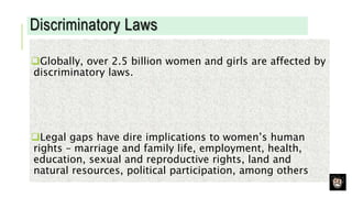 Discriminatory Laws
Globally, over 2.5 billion women and girls are affected by
discriminatory laws.
Legal gaps have dire implications to women’s human
rights – marriage and family life, employment, health,
education, sexual and reproductive rights, land and
natural resources, political participation, among others
 