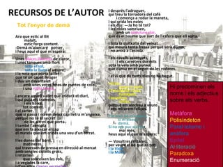 Ara que estic al llit  malalt,  estic força content.  -Demà m'aixecaré  potser,  i heus aquí el que m'espera:  Unes  places lluentes   de claror,  i unes tanques amb flors  sota el sol,  sota la lluna  al vespre;  i la noia que porta la llet  que té un capet lleuger  i duu un davantalet  amb unes vores fetes de puntes de coixí,  i una  rialla fresca.  I encara aquell vailet que cridarà el diari,  i qui puja els tramvies  i els baixa,  tot corrent.  I el carter,  que si passa i no em deixa cap lletra m'angoixa,  perquè no sé el secret  de les altres que porta.  I també l'aeroplà  que em fa aixecar el cap  el mateix que em cridés una veu d'un terrat.  I les dones del barri,  matineres,  qui travessen de pressa en direcció al mercat  amb sengles cistells grocs,  i retornen  que sobreïxen les cols,  i a vegades la carn,  i d'un altre  cireres vermelles .  I després l'adroguer,  qui treu la torradora del cafè  i comença a rodar la maneta,  i qui crida les noies  i els diu: —Ja ho té tot?  I les noies somriuen,  amb un  somriure clar,   que és el baume que surt de l'esfera que ell volta. I tota la quitxalla del veïnat  qui mourà tanta fressa perquè serà dijous,  i no anirà a l'escola.  I els cavalls assenyats,  i els carreters dormits  sota la vela amb punxa,  que dansa en el seguit de les roderes.  I el vi que de tants dies no he begut.  I el pa,  posat a taula.  I l'escudella rossa,  fumejant.  I vosaltres  amics,  perquè em vindreu a veure  i ens mirarem feliços.  Tot això bé m'espera,  si m'aixeco,  demà.  Si no em puc aixeca r,  mai més,  heus aquí el que m'espera:  —  Vosaltres restareu,  per veure el bo que és tot:  i la Vida  i la Mort.  RECURSOS DE L’AUTOR Hi predominen els noms i els adjectius sobre els verbs. Metàfora Polisíndeton Paral·lelisme i anàfora Epítet Al·literació Paradoxa Enumeració Tot l’enyor de demà 