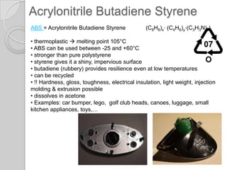 AcrylonitrileButadieneStyreneABS = AcrylonitrileButadieneStyrene	 (C8H8)x· (C4H6)y·(C3H3N)z)thermoplastic melting point 105°C