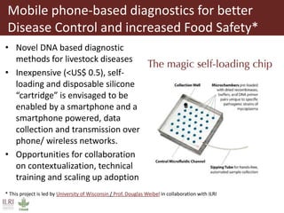 Mobile phone-based diagnostics for better
Disease Control and increased Food Safety*
• Novel DNA based diagnostic
methods for livestock diseases
• Inexpensive (<US$ 0.5), self-
loading and disposable silicone
“cartridge” is envisaged to be
enabled by a smartphone and a
smartphone powered, data
collection and transmission over
phone/ wireless networks.
• Opportunities for collaboration
on contextualization, technical
training and scaling up adoption
* This project is led by University of Wisconsin / Prof. Douglas Weibel in collaboration with ILRI
 