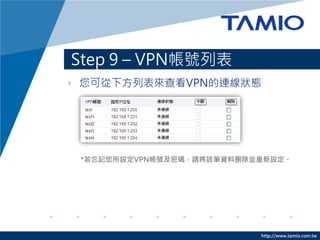 http://www.tamio.com.tw
Step 9 C VPN̖б
? ɏ·б鿴VPNBB
*ӛOVPN̖ܴaՈԓPYτhKO
 