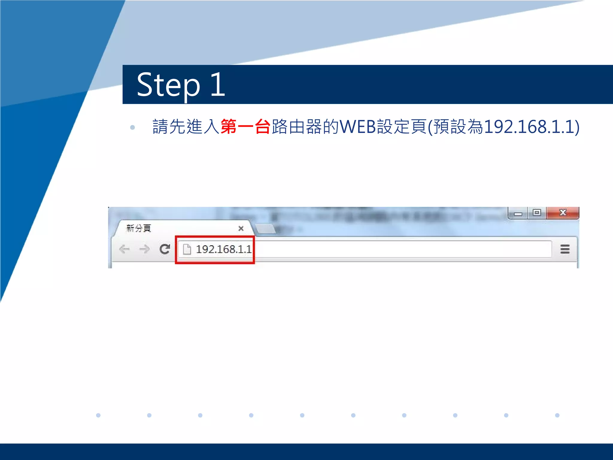 Step 1
• 請先進入第一台路由器的WEB設定頁(預設為192.168.1.1)
 