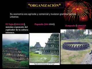 *ORGANIZACIÓN* Su economía era agrícola y comercial y tuvieron grandes centros urbanos: El Tajín  ( 300 - 1200 ), máximo exponente del esplendor de la cultura totonaca,  Papantla   ( 900 - 1519 ).  Zempoala  ( 9 . 00 - 1519 