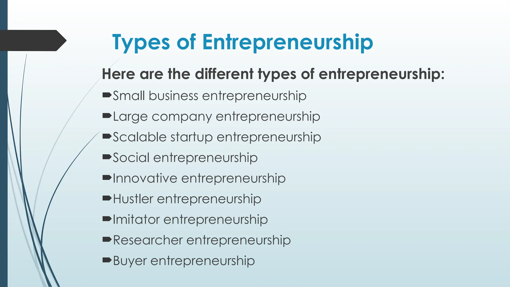 Types of Entrepreneurship
Here are the different types of entrepreneurship:
Small business entrepreneurship
Large company entrepreneurship
Scalable startup entrepreneurship
Social entrepreneurship
Innovative entrepreneurship
Hustler entrepreneurship
Imitator entrepreneurship
Researcher entrepreneurship
Buyer entrepreneurship
 